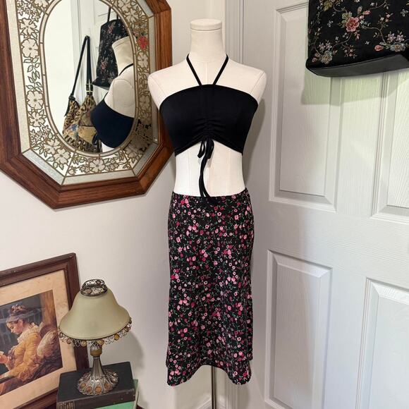 VTG Y2K Full Tilt Black, Pink & Red Floral Pattern Dark Femme Midi Skirt XS - Picture 2 of 7
